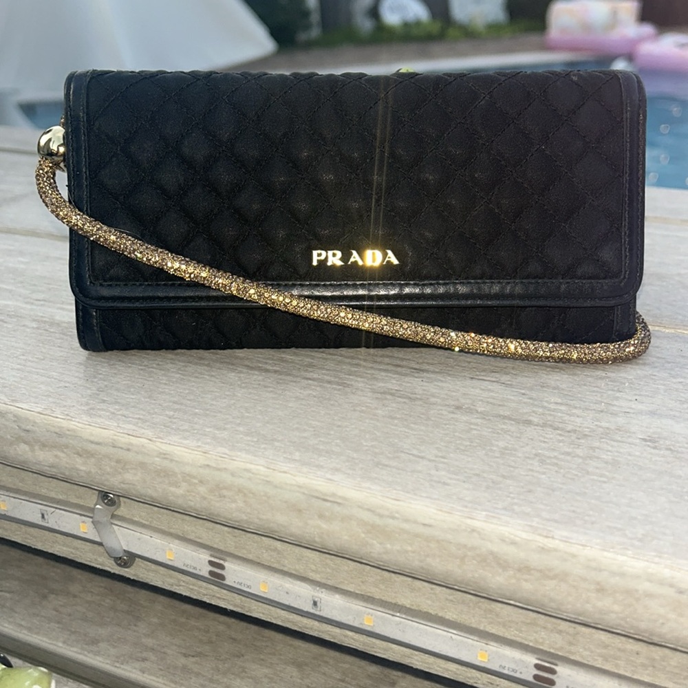 Prada Black Quilted long Wallet with Gold Strap
